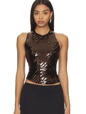 Free People Brown Sequin High-Neck Crop Tank